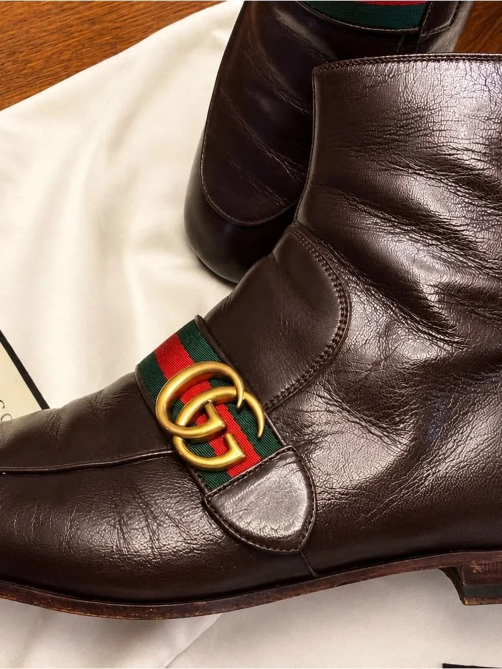 Gucci Brown Leather Men’s Ankle Chukka Boots with Green-Red Web & Gold Double G.